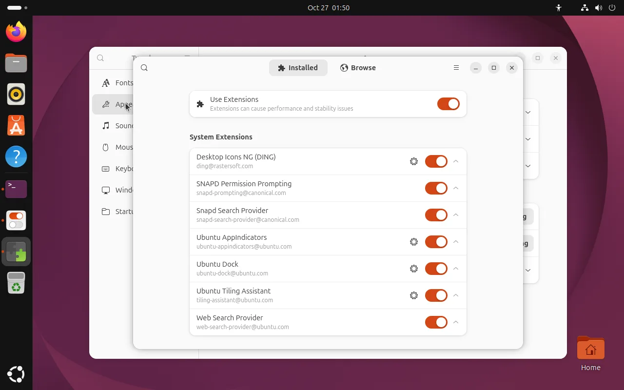 Extension Manager Installed tab with the Use Extensions master switch, a warning that extensions can cause performance and stability issues, and system extensions including Desktop Icons NG, SNAPD Permission Prompting, Snap Search Provider, Ubuntu AppIndicators, Ubuntu Dock, Ubuntu Tiling Assistant and Web Search Provider