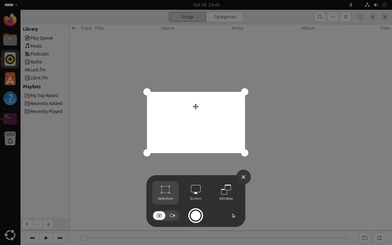 GNOME screenshot UI: the screen is dimmed with a resizable selection rectangle, and a bottom toolbar offers Selection, Screen and Window modes plus camera, record toggles and a confirm button