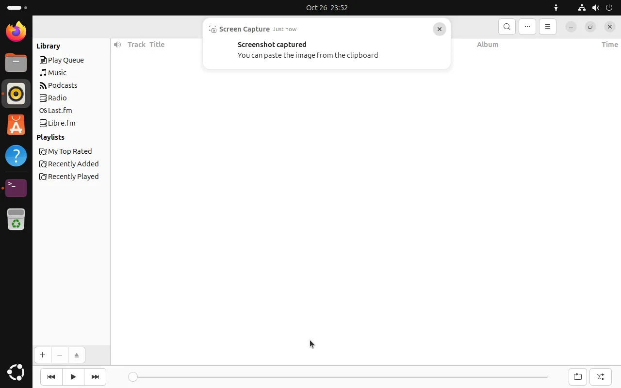 Notification after a capture titled Screen Capture, saying screenshot captured and that you can paste the image from the clipboard