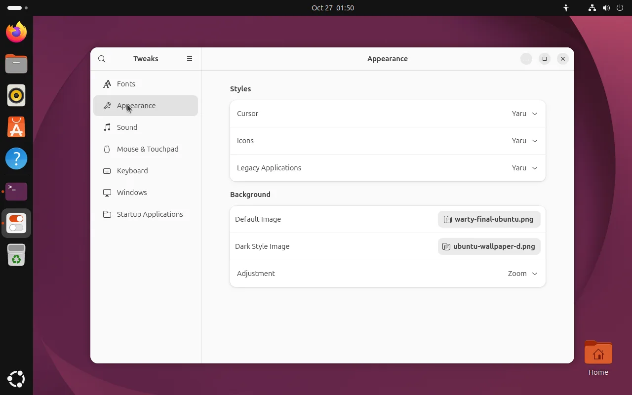 GNOME Tweaks Appearance page with Styles offering Cursor, Icons and Legacy Applications set to Yaru, and Background offering warty-final-ubuntu.png, a dark style image and an adjustment mode