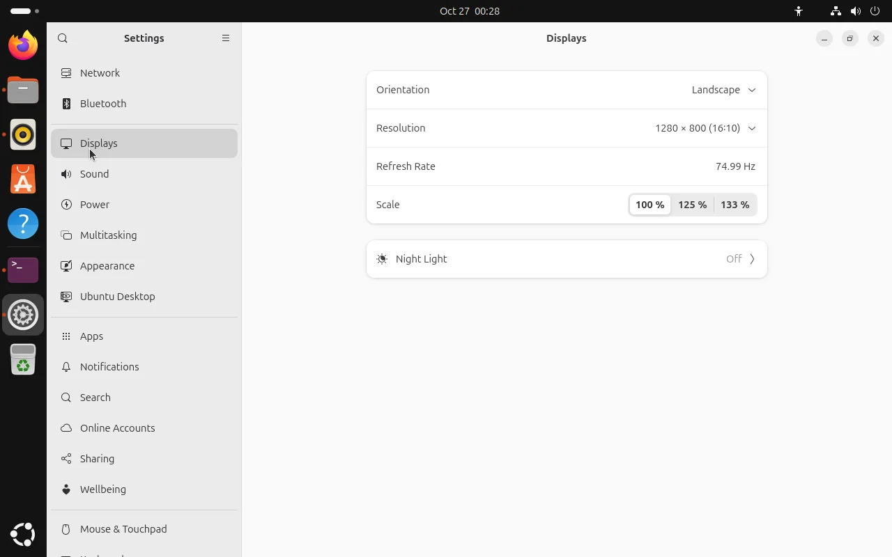 GNOME Displays settings panel showing Orientation, Resolution 1280x800, Refresh Rate 74.99 Hz, a Scale control with 100%, 125% and 133%, and the Night Light switch below