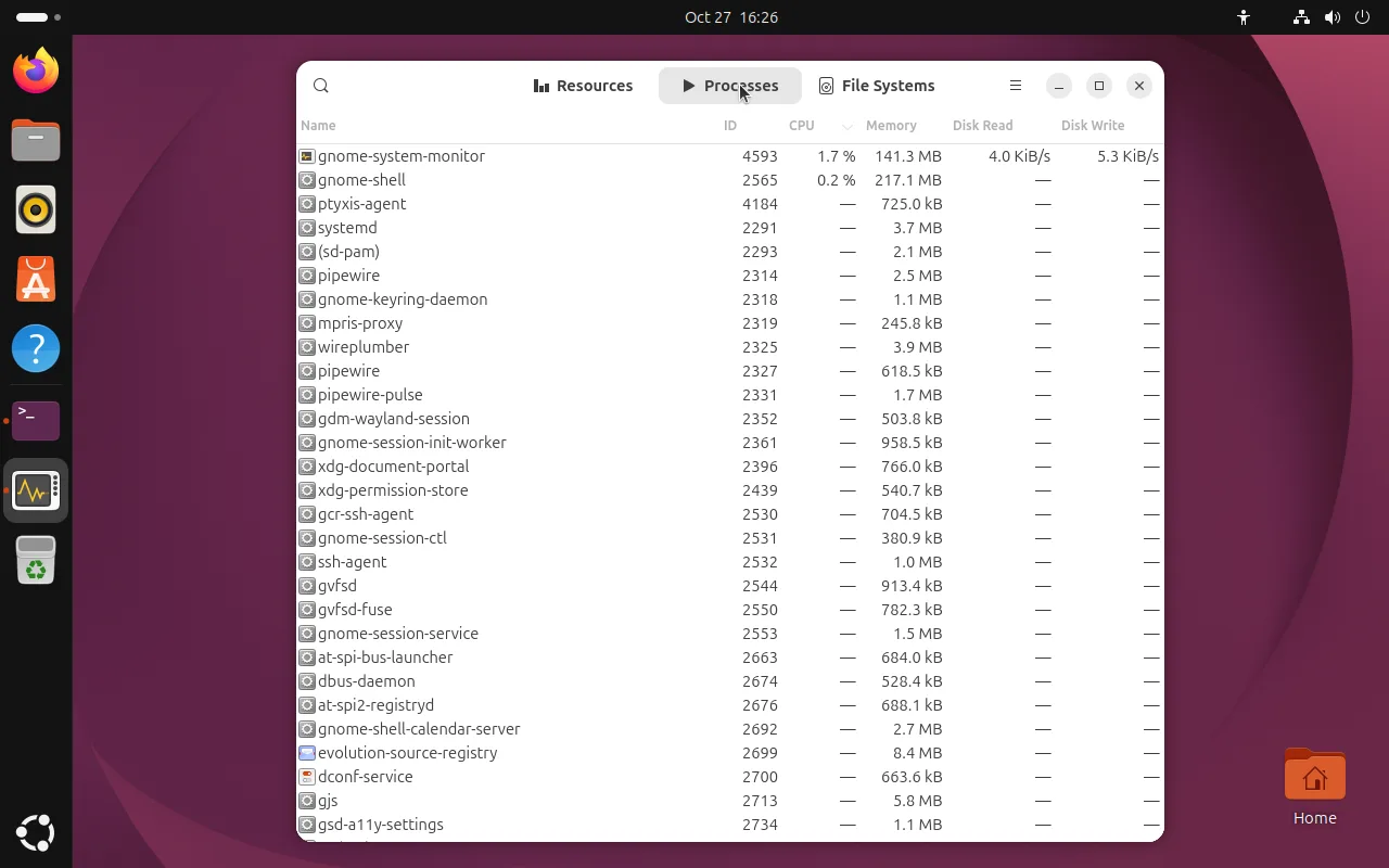 System Monitor Processes tab listing Name, ID, CPU, Memory, Disk Read and Disk Write columns, with gnome-system-monitor at 1.7 percent CPU and 141.3 MB, followed by gnome-shell, ptyxis-agent and systemd