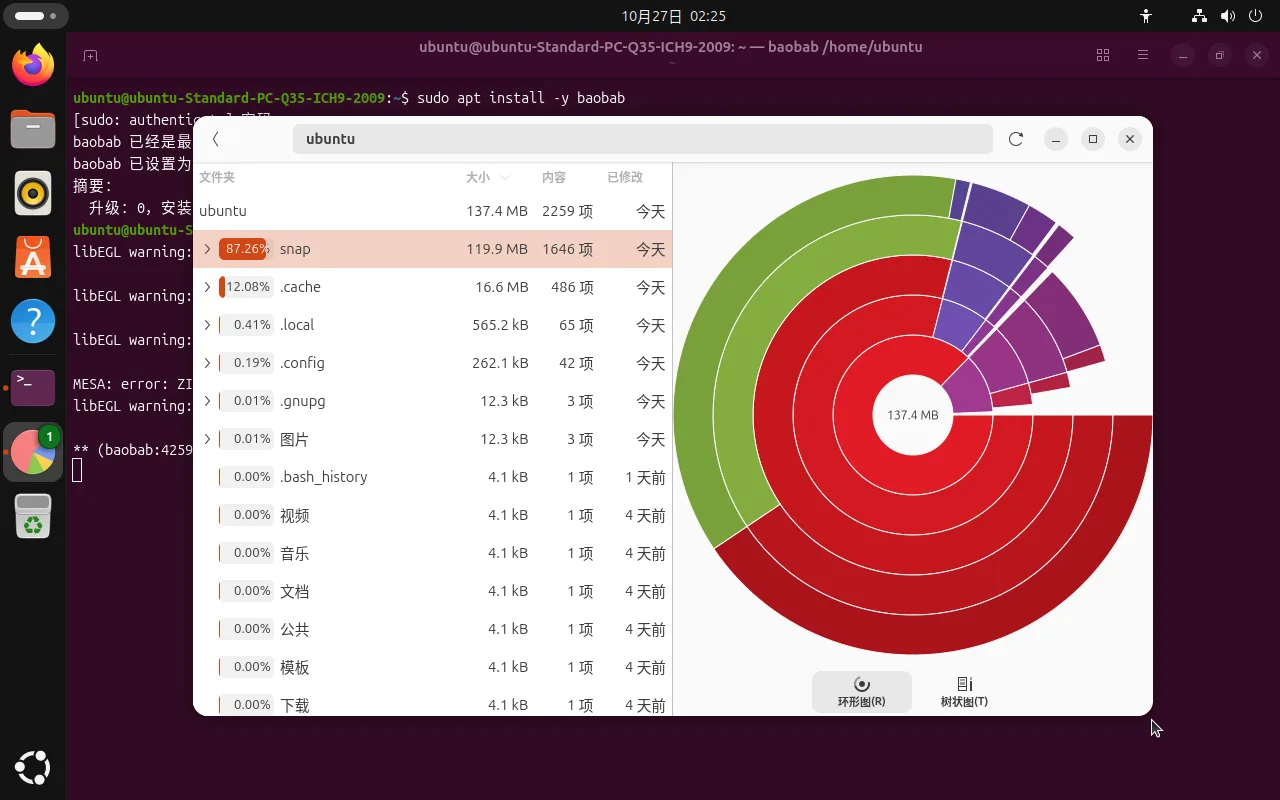 磁盘占用分析器界面,左侧是目录大小列表,snap 目录占 87.26%、119.9 MB,.cache 占 12.08%、16.6 MB,右侧是环形图,中间显示总计 137.4 MB,底部有环形图和树状图两个切换按钮