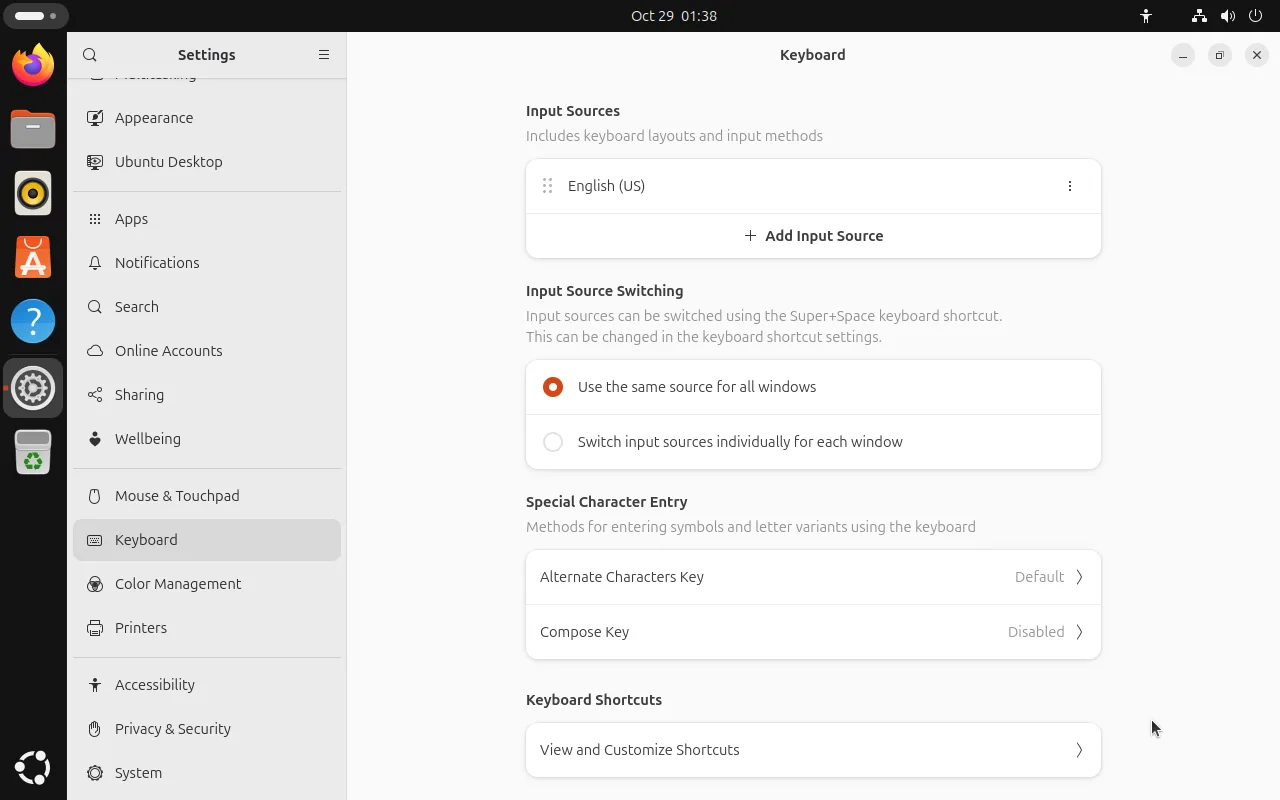 GNOME Settings Keyboard panel with Input Sources listing only English (US), an Add Input Source button, and the input source switching and special character entry sections